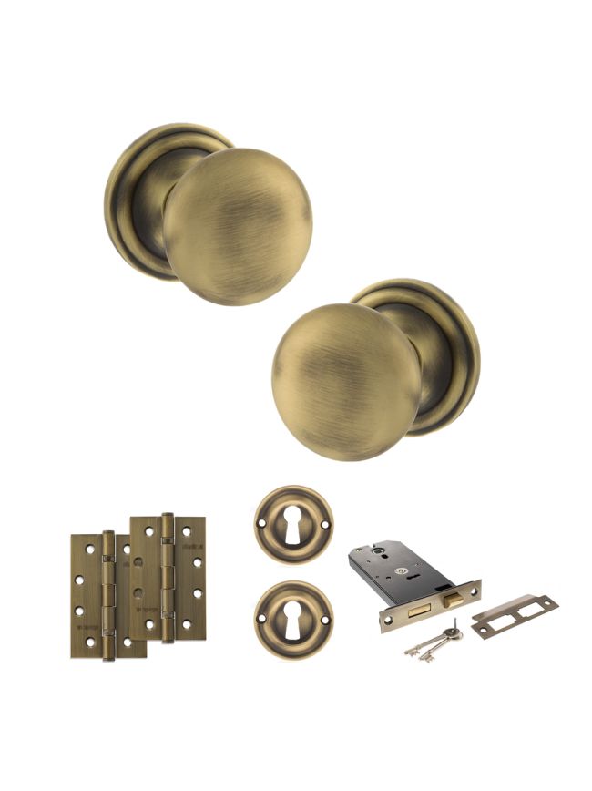 Old English Harrogate Door Knob Pack (Lock Set - Horizontal Sashlock, 4" Slim Knuckle Hinges x2) - Matt Antique Brass