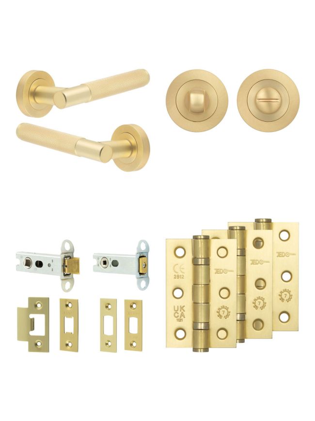 Complete Bari Door Handle Pack - Heavy Duty Tubular Bathroom (Standard Thumb Turn) - Satin Brass - 76mm / 3-inch Hinges - JE-D31B3-SB
