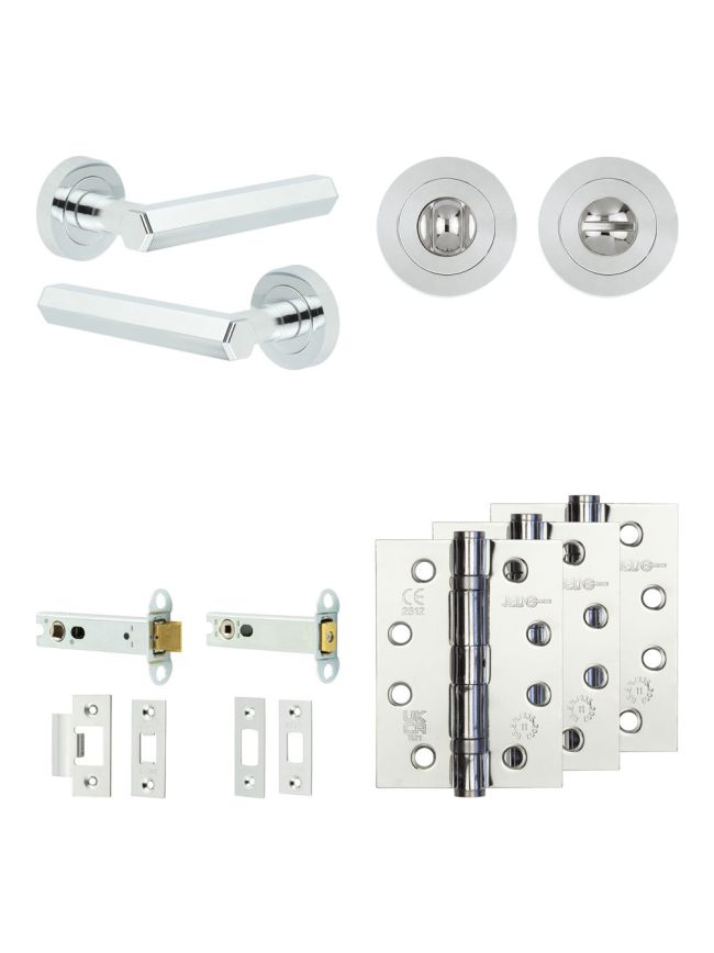 Complete Hex Door Handle Pack - Heavy Duty Tubular Bathroom (Standard Thumb Turn) - Polished Chrome - 102mm / 4-inch Hinges - JE-C32A3-PC