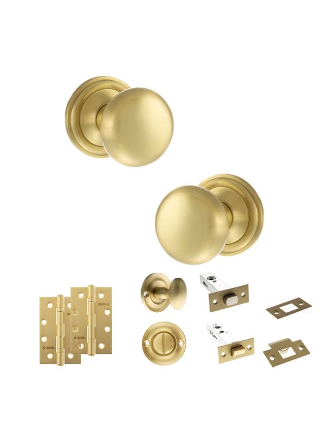 Old English Harrogate Door Knob Pack (Bathroom Set - 3" Deadbolt, 4" Slim Knuckle Hinges x2) - Satin Brass