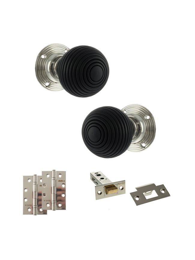 Old English Whitby Door Knob Pack (Latch Set - 4" HD Latch, 4" Slim Knuckle Hinges x2) - Polished Nickel