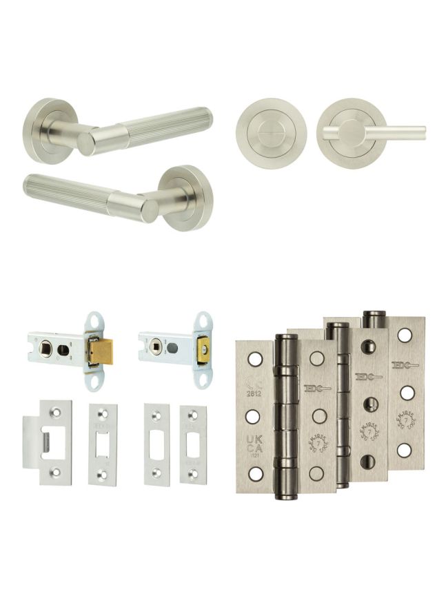 Complete Venice Door Handle Pack - Heavy Duty Tubular Bathroom (Plain Thumb Turn) - Satin Nickel - 64mm / 3-inch Hinges - JE-F30B2-SN