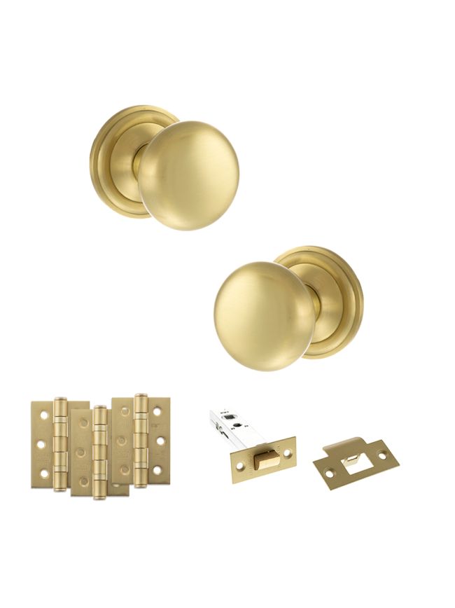 Old English Harrogate Door Knob Pack (Latch Set - 3" HD Latch, 3" Fire Rated Hinges x3) - Satin Brass