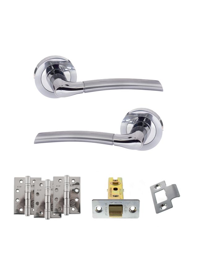Eco Swell Door Handle Pack (Latch Set - 2.5" CE Latch, 4" Fire Rated Hinges x3) - Satin Chrome/Polished Chrome