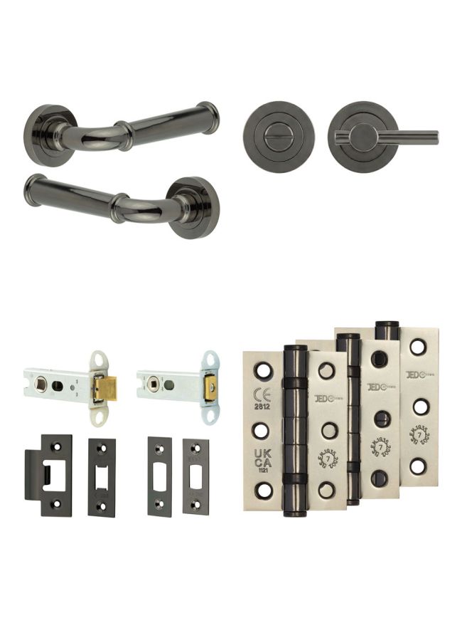 Complete Classic Door Handle Pack - Heavy Duty Tubular Bathroom (Plain Thumb Turn) - Black Nickel - 76mm / 3-inch Hinges - JE-A31B2-BN