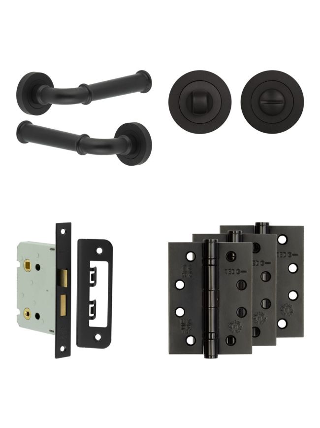 Complete Classic Door Handle Pack - Bathroom Lock (Standard Thumb Turn) - Matt Black - 76mm / 4-inch Hinges - JE-A6A3-MB