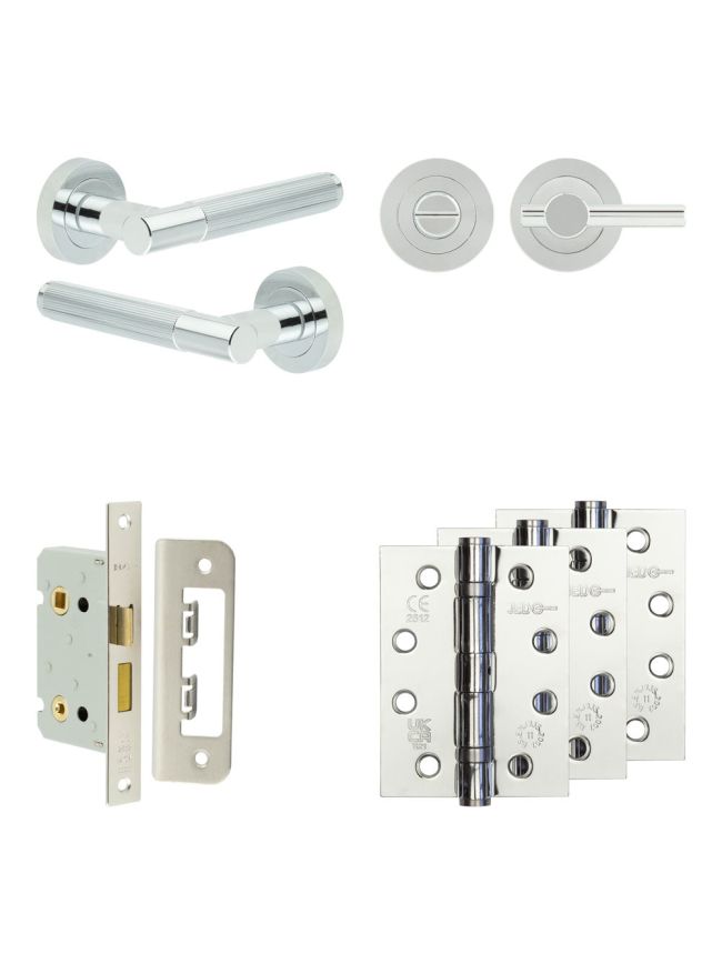 Complete Venice Door Handle Pack - Bathroom Lock (Plain Thumb Turn) - Polished Chrome - 65mm / 4-inch Hinges - JE-F5A2-PC