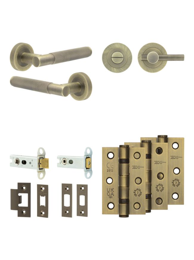 Complete Bari Door Handle Pack - Heavy Duty Tubular Bathroom (Knurled Thumb Turn) - Antique Brass - 76mm / 3-inch Hinges - JE-D31B1-AB