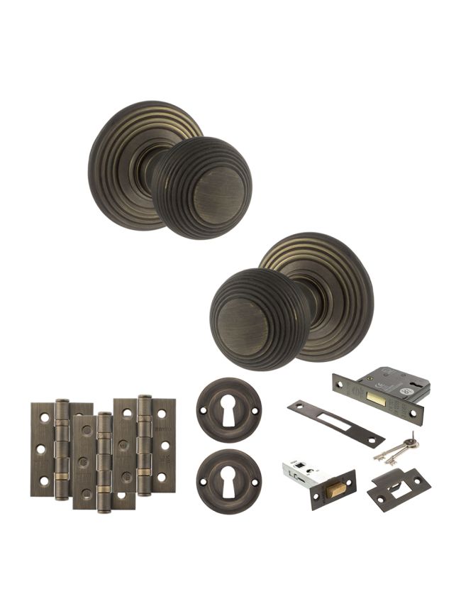 Old English Ripon Door Knob Pack (Lock Set - 3" Latch & Deadlock, 3" Fire Rated Hinges x3) - Urban Bronze