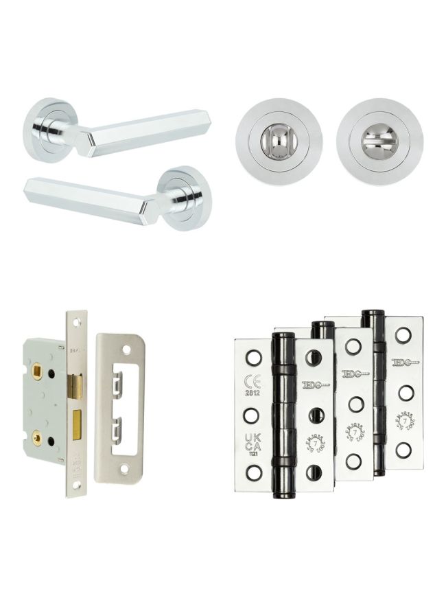 Complete Hex Door Handle Pack - Bathroom Lock (Standard Thumb Turn) - Polished Chrome - 65mm / 3-inch Hinges - JE-C5B3-PC