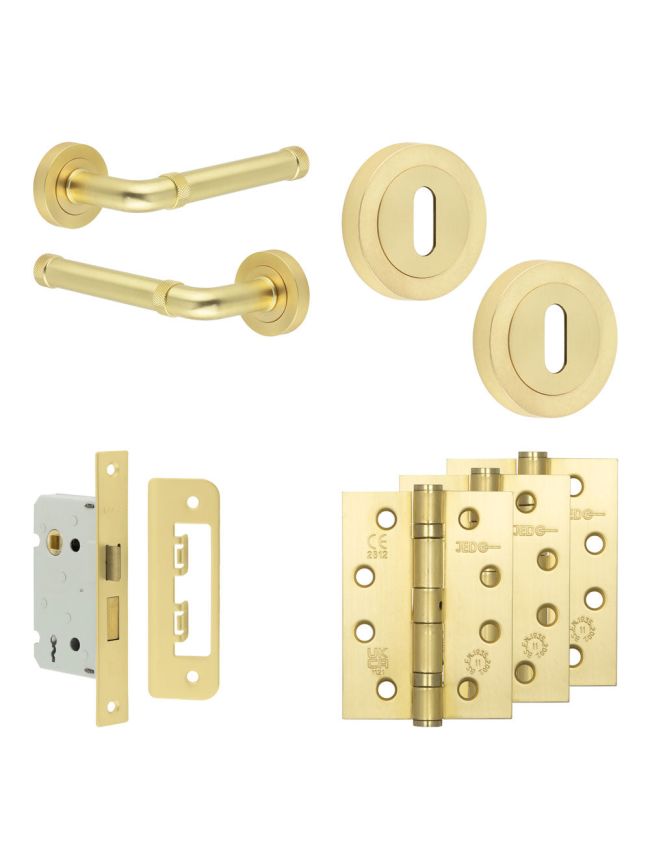 Complete Midtown Door Handle Pack - Sashlock - Satin Brass - 65mm / 4-inch Hinges - JE-G7A8-SB