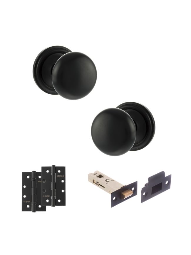 Old English Harrogate Door Knob Pack (Latch Set - 4" HD Latch, 4" Slim Knuckle Hinges x2) - Matt Black