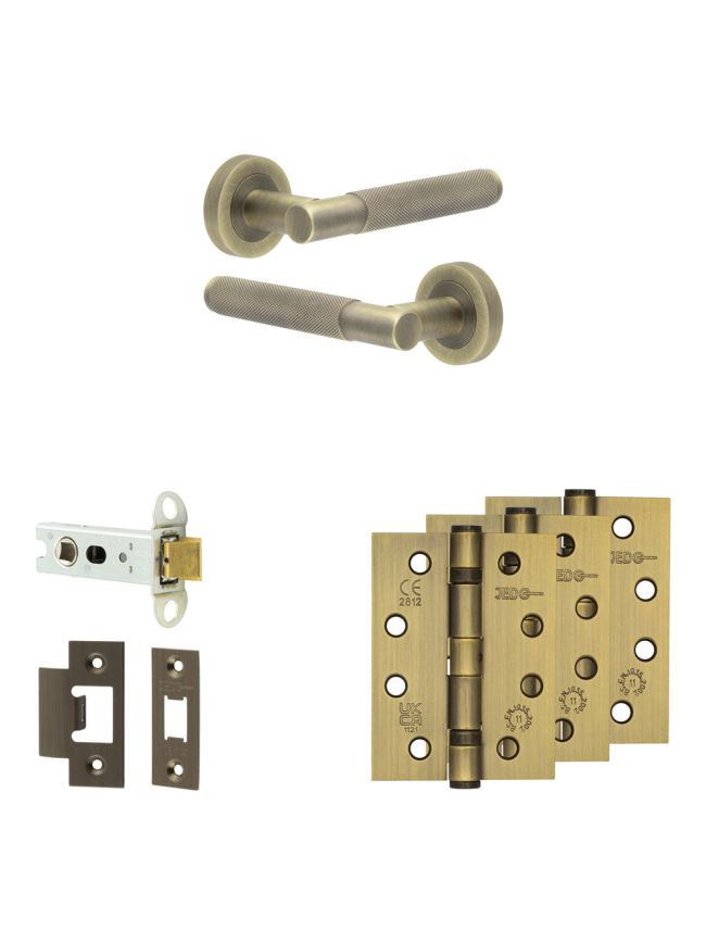 Complete Bari Door Handle Pack - Heavy Duty Latch - Antique Brass - 76mm / 4-inch Hinges - JE-D21A-AB