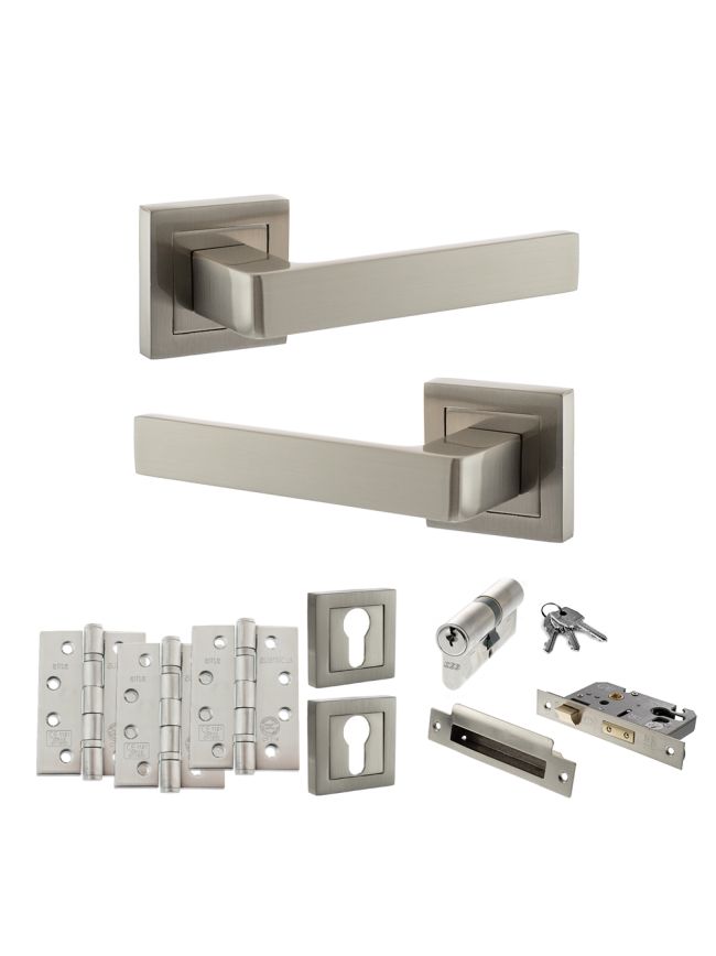 STATUS Montana Door Handle Pack (Euro Lock Set - 3" CE Sashlock, 4" Fire Rated Hinges x3) - Satin Nickel