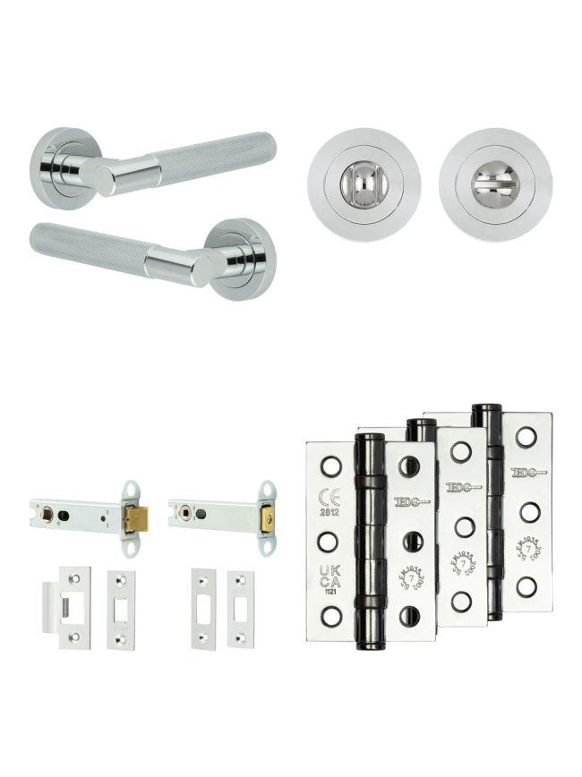 Complete Bari Door Handle Pack - Heavy Duty Tubular Bathroom (Standard Thumb Turn) - Polished Chrome - 102mm / 3-inch Hinges - JE-D32B3-PC