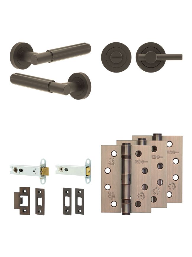 Complete Bloom Door Handle Pack - Heavy Duty Tubular Bathroom (Plain Thumb Turn) - Dark Bronze - 102mm / 4-inch Hinges - JE-B32A2-DB