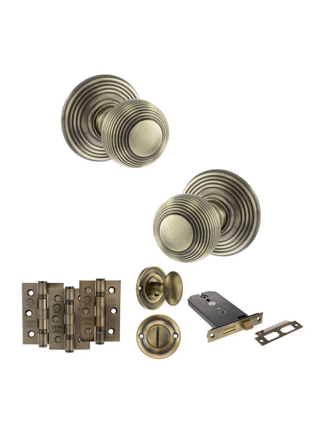 Old English Ripon Door Knob Pack (Lock Set - Horizontal Bathlock, 3" Fire Rated Hinges x3) - Antique Brass