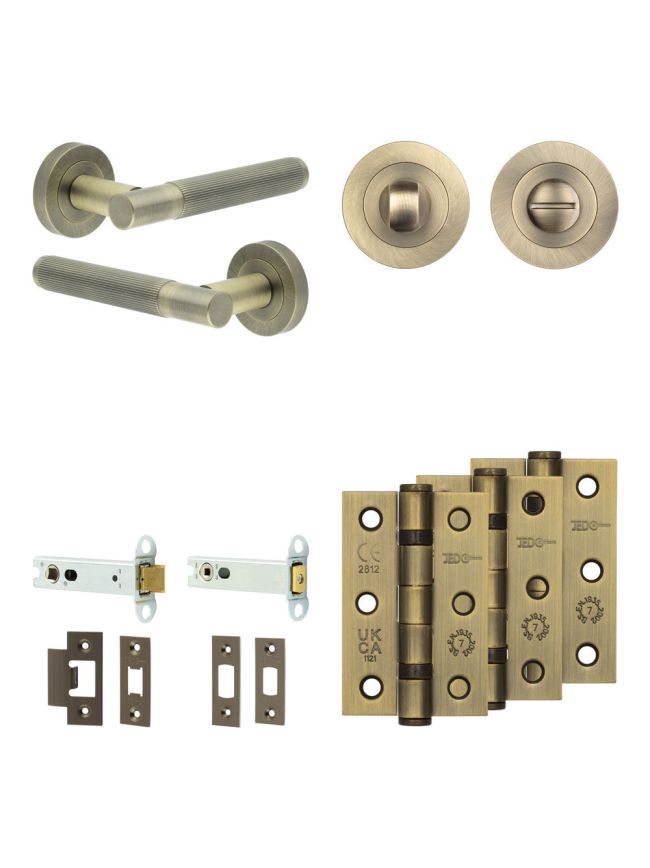 Complete Venice Door Handle Pack - Heavy Duty Tubular Bathroom (Standard Thumb Turn) - Antique Brass - 102mm / 3-inch Hinges - JE-F32B3-AB