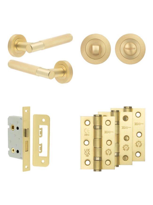 Complete Bari Door Handle Pack - Bathroom Lock (Standard Thumb Turn) - Satin Brass - 65mm / 3-inch Hinges - JE-D5B3-SB