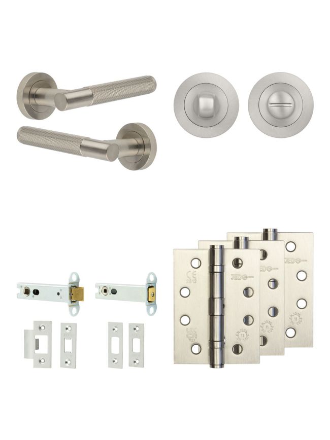 Complete Bari Door Handle Pack - Heavy Duty Tubular Bathroom (Standard Thumb Turn) - Satin Nickel - 102mm / 4-inch Hinges - JE-D32A3-SN