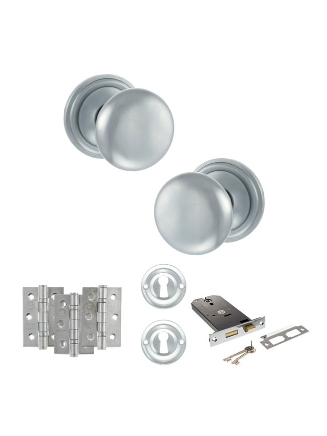 Old English Harrogate Door Knob Pack (Lock Set - Horizontal Sashlock, 3" Fire Rated Hinges x3) - Satin Chrome