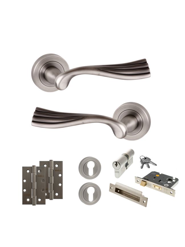 Old English Richmond Door Handle Pack (Euro Lock Set - 2.5" CE Sashlock, 4" Slim Knuckle Hinges x2) - Matt Gun Metal