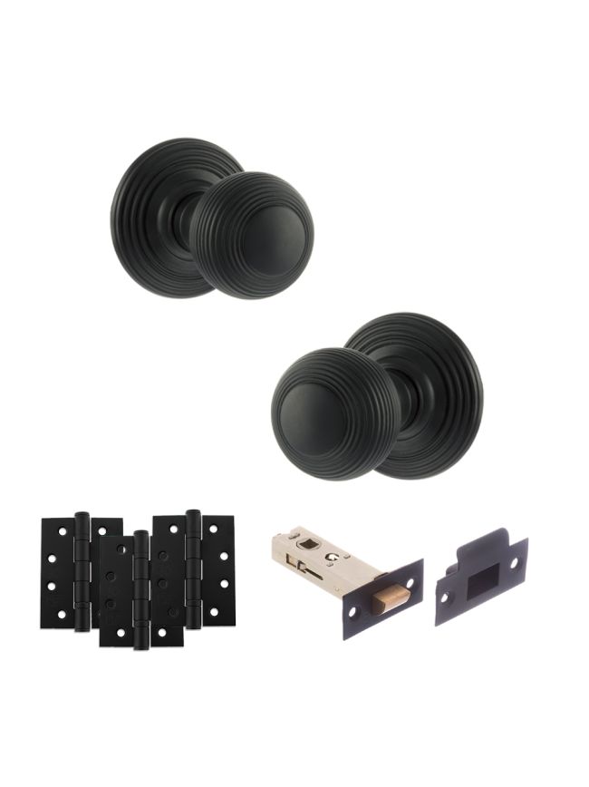 Old English Ripon Door Knob Pack (Latch Set - 3" HD Latch, 4" Fire Rated Hinges x3) - Matt Black