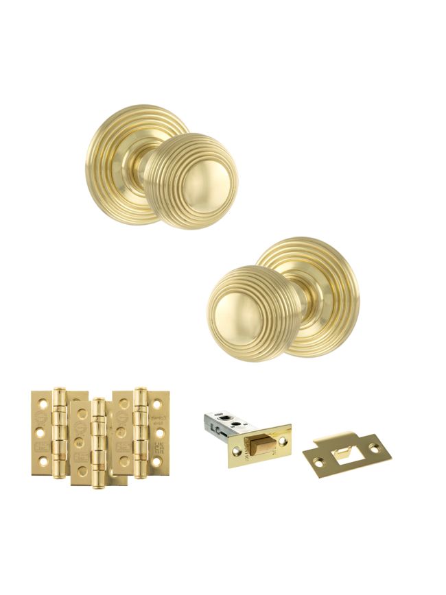 Old English Ripon Door Knob Pack (Latch Set - 4" HD Latch, 3" Fire Rated Hinges x3) - Polished Brass
