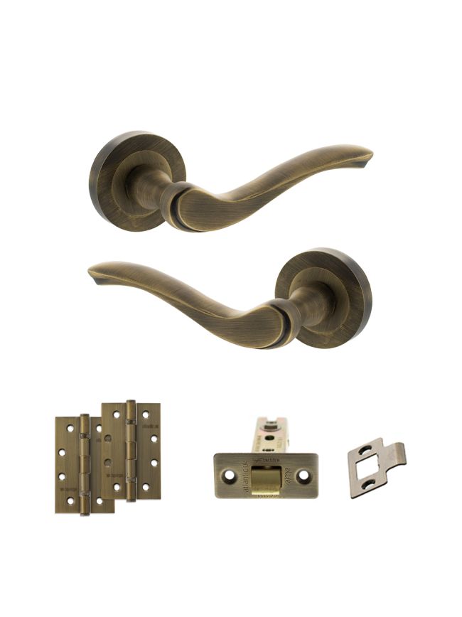 Old English Warwick Door Handle Pack (Latch Set - 3" CE Latch, 4" Slim Knuckle Hinges x2) - Matt Antique Brass