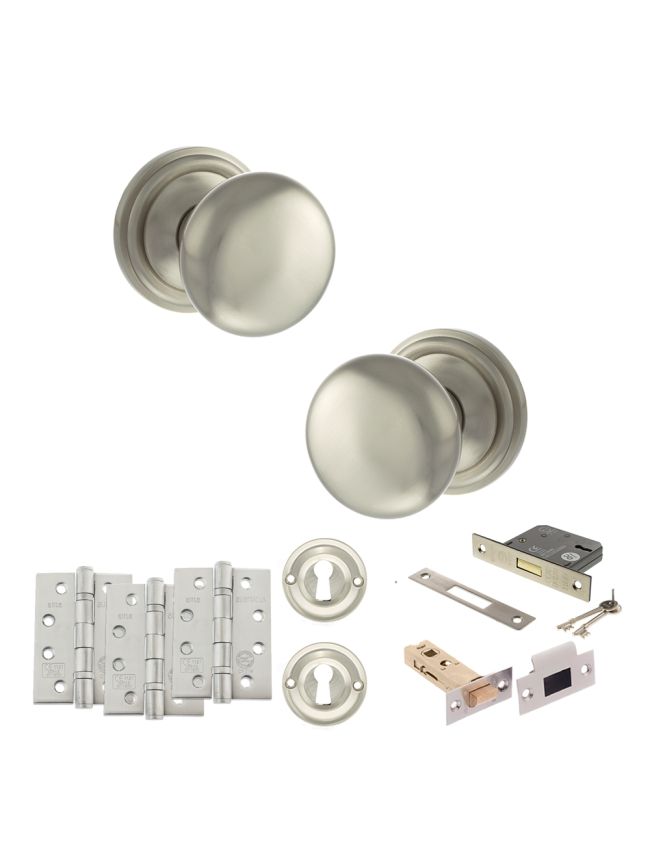 Old English Harrogate Door Knob Pack (Lock Set - 3" Latch & Deadlock, 4" Fire Rated Hinges x3) - Satin Nickel