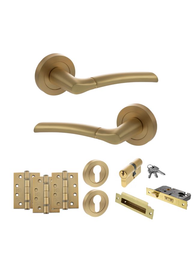 STATUS Indiana Door Handle Pack (Euro Lock Set - 3" CE Sashlock, 4" Fire Rated Hinges x3) - Satin Brass