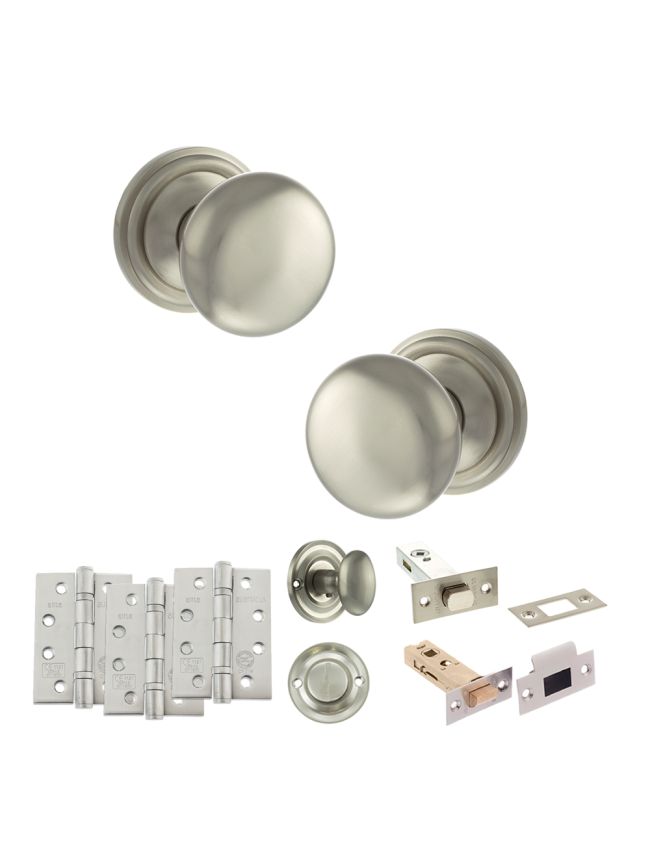 Old English Harrogate Door Knob Pack (Bathroom Set - 3" Deadbolt, 4" Fire Rated Hinges x3) - Satin Nickel
