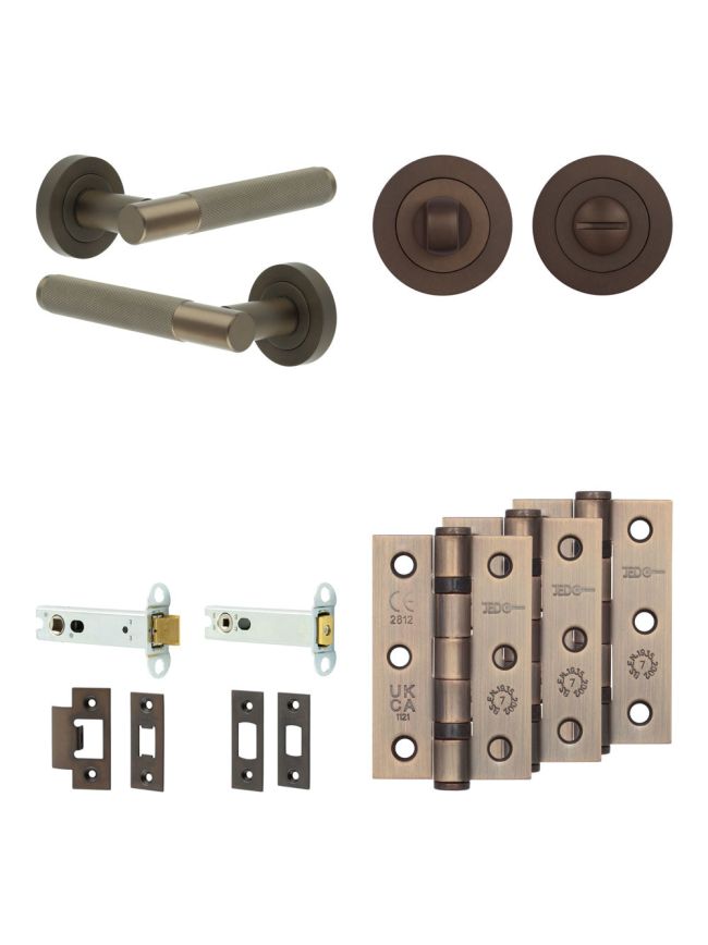 Complete Bari Door Handle Pack - Heavy Duty Tubular Bathroom (Standard Thumb Turn) - Dark Bronze - 102mm / 3-inch Hinges - JE-D32B3-DB