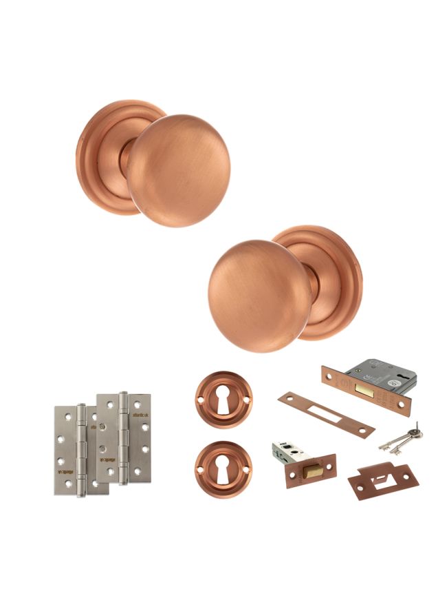 Old English Harrogate Door Knob Pack (Lock Set - 3" Latch & Deadlock, 4" Slim Knuckle Hinges x2) - Urban Satin Copper