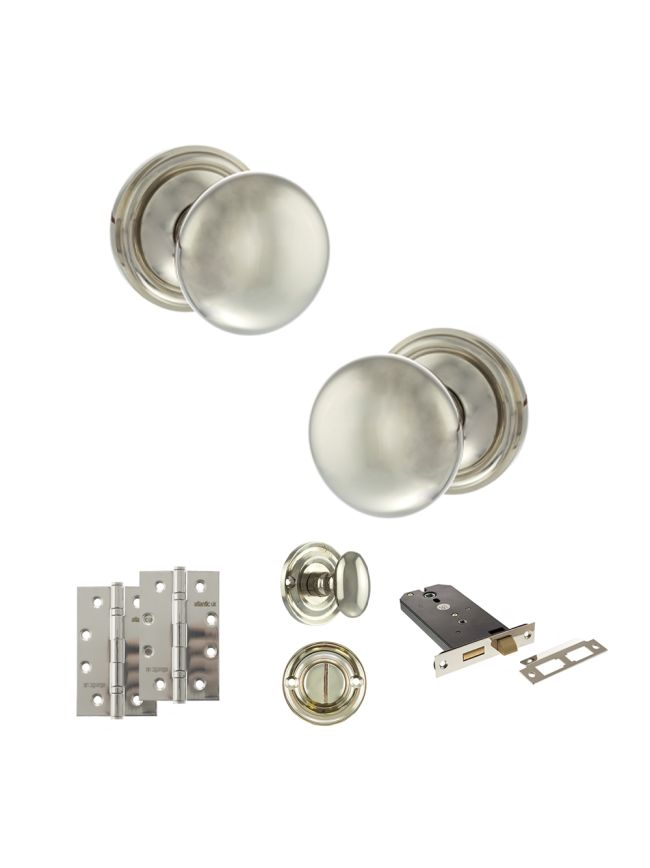 Old English Harrogate Door Knob Pack (Lock Set - Horizontal Bathlock, 4" Slim Knuckle Hinges x2) - Polished Nickel