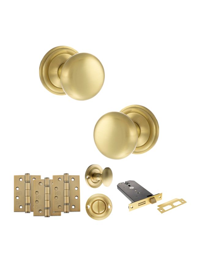 Old English Harrogate Door Knob Pack (Lock Set - Horizontal Bathlock, 4" Fire Rated Hinges x3) - Satin Brass