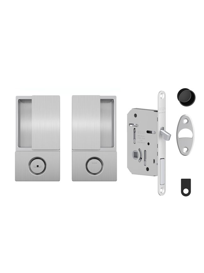 AGB Wave Flush Pocket Door Handle & Bathroom Lock Set - Satin Chrome