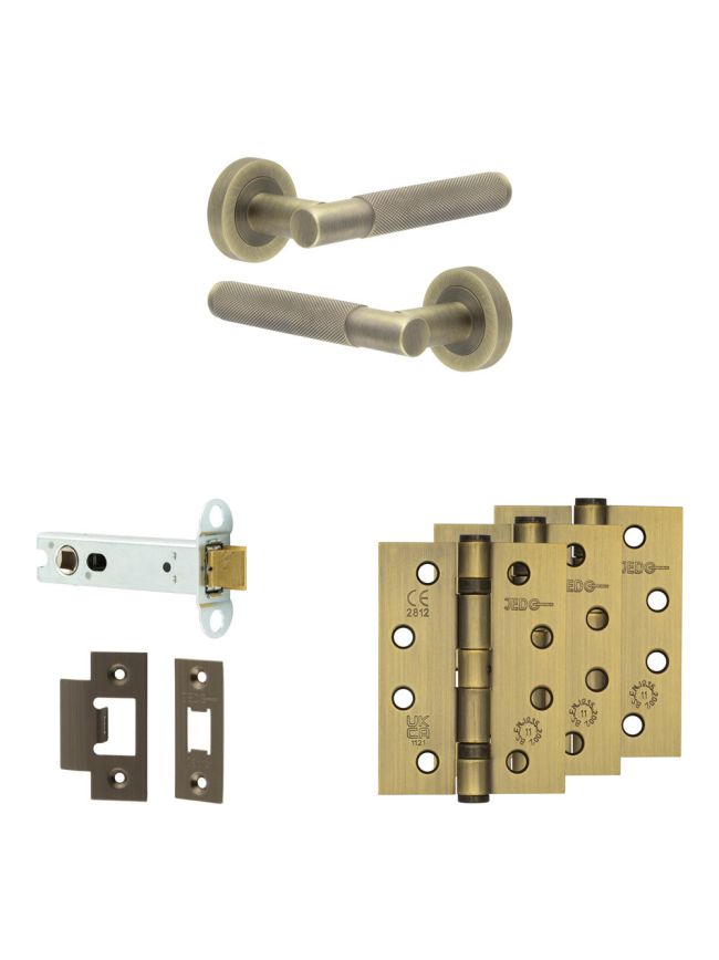 Complete Bari Door Handle Pack - Heavy Duty Latch - Antique Brass - 102mm / 4-inch Hinges - JE-D22A-AB