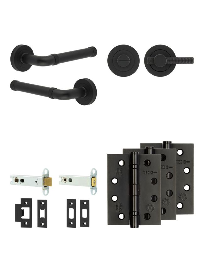 Complete Midtown Door Handle Pack - Heavy Duty Tubular Bathroom (Knurled Thumb Turn) - Matt Black - 102mm / 4-inch Hinges - JE-G32A1-MB