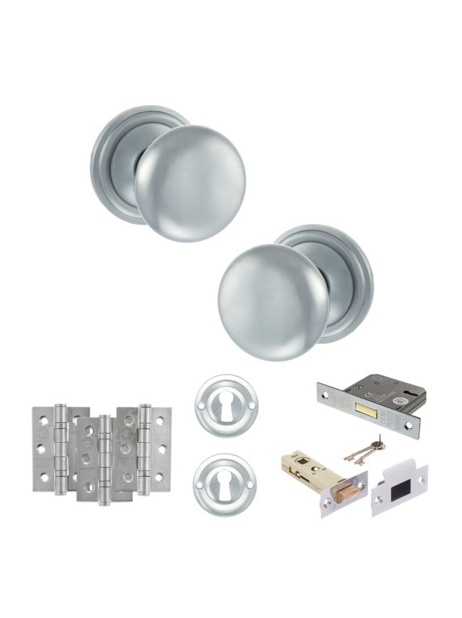 Old English Harrogate Door Knob Pack (Lock Set - 3" Latch & Deadlock, 3" Fire Rated Hinges x3) - Satin Chrome