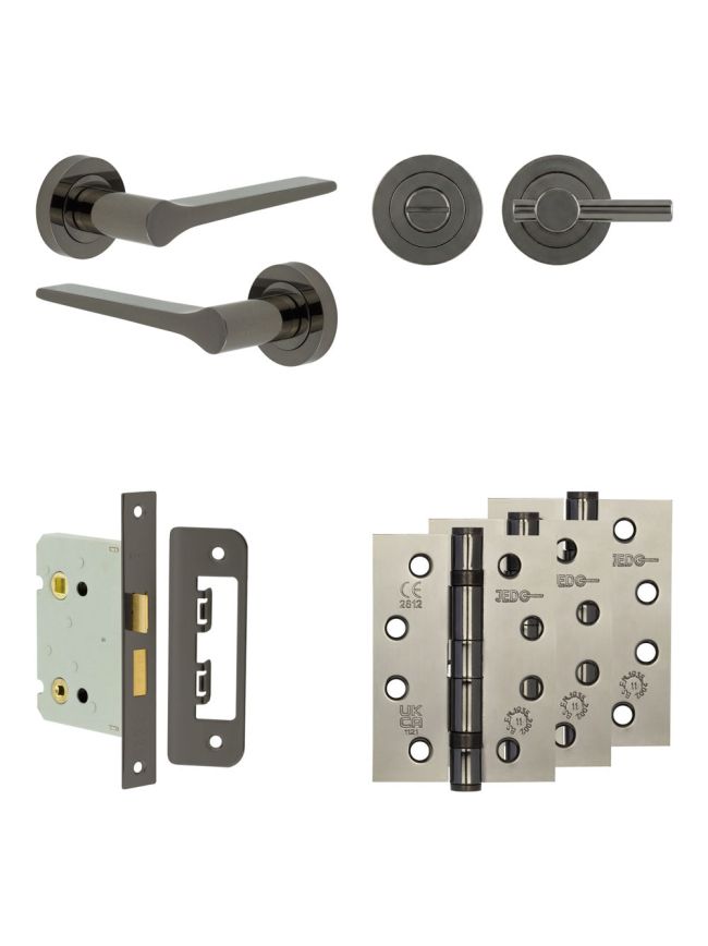 Complete Gio Door Handle Pack - Bathroom Lock (Plain Thumb Turn) - Black Nickel - 76mm / 4-inch Hinges - JE-E6A2-BN
