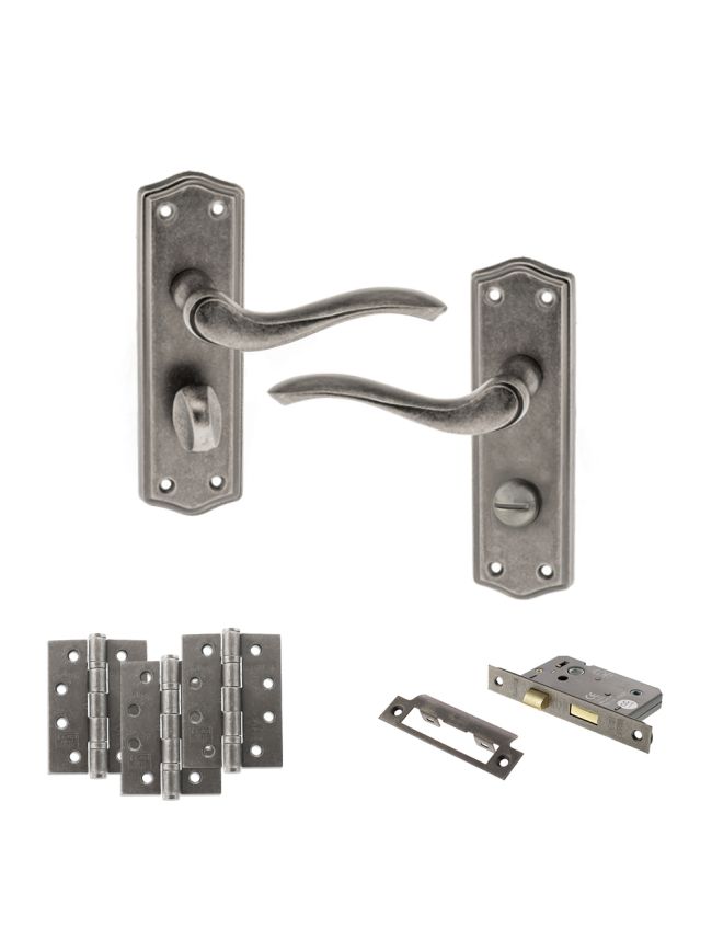 Old English Warwick Door Handle Pack (Bathroom Set - 2.5" CE Bathroom Lock, 4" Fire Rated Hinges x3) - Distressed Silver