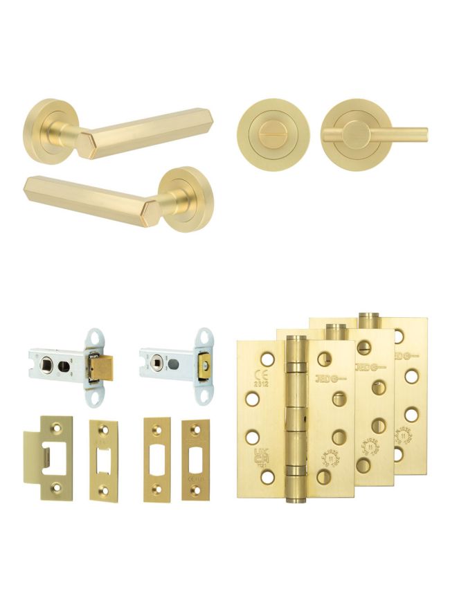Complete Hex Door Handle Pack - Heavy Duty Tubular Bathroom (Plain Thumb Turn) - Satin Brass - 64mm / 4-inch Hinges - JE-C30A2-SB