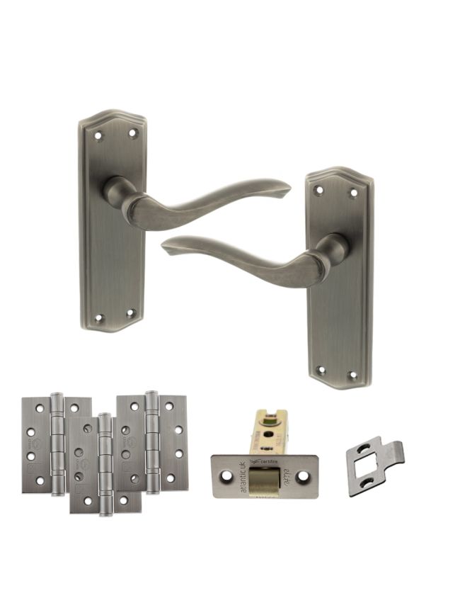 Old English Warwick Door Handle Pack (Latch Set - 2.5" CE Latch, 4" Fire Rated Hinges x3) - Matt Gun Metal