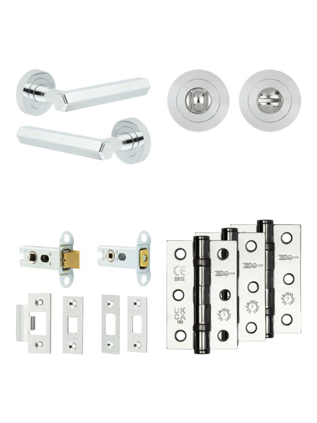 Complete Hex Door Handle Pack - Heavy Duty Tubular Bathroom (Standard Thumb Turn) - Polished Chrome - 64mm / 3-inch Hinges - JE-C30B3-PC