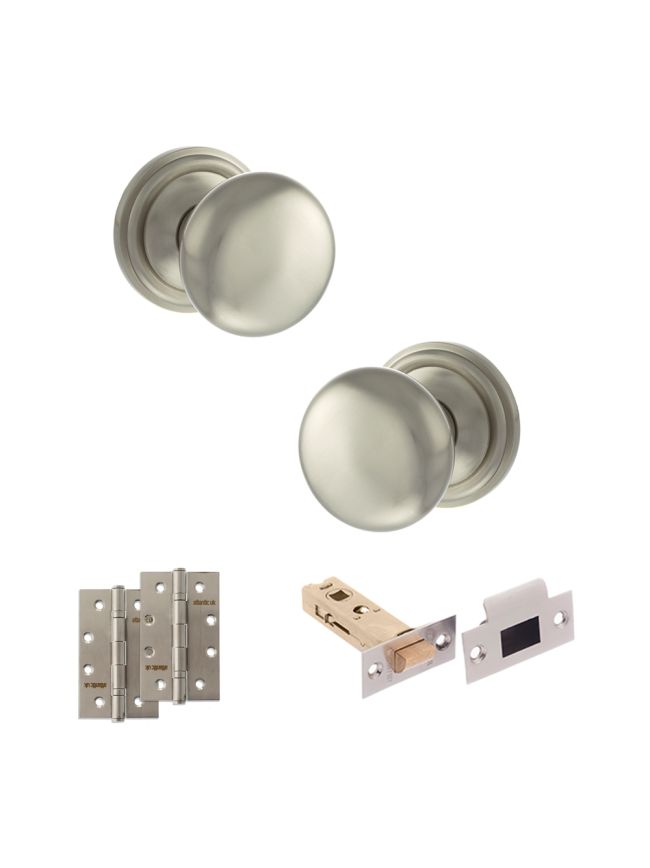 Old English Harrogate Door Knob Pack (Latch Set - 4" HD Latch, 4" Slim Knuckle Hinges x2) - Satin Nickel