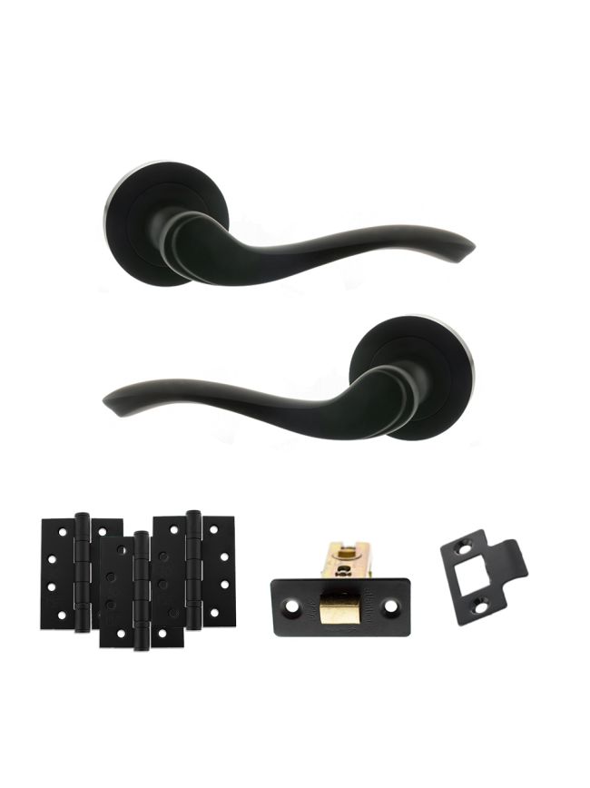 Old English Warwick Door Handle Pack (Latch Set - 3" CE Latch, 4" Fire Rated Hinges x3) - Matt Black