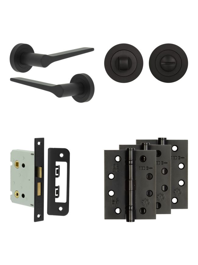 Complete Gio Door Handle Pack - Bathroom Lock (Standard Thumb Turn) - Matt Black - 76mm / 4-inch Hinges - JE-E6A3-MB