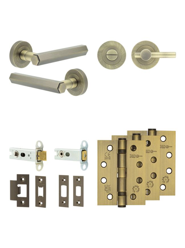 Complete Hex Door Handle Pack - Heavy Duty Tubular Bathroom (Plain Thumb Turn) - Antique Brass - 76mm / 4-inch Hinges - JE-C31A2-AB