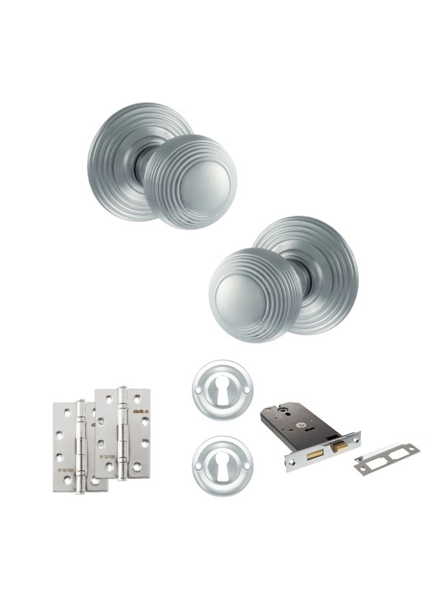 Old English Ripon Door Knob Pack (Lock Set - Horizontal Sashlock, 4" Slim Knuckle Hinges x2) - Satin Chrome
